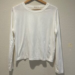 MARINE LAYER WHITE PRIMA COTTON LONG SLEEVE SEMI CROP SHIRT